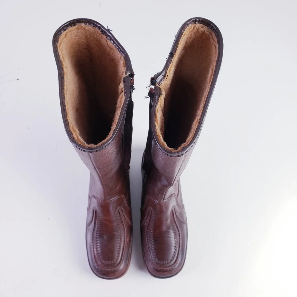 Carolina Boots Winter Leather Tall Boots Brown Faux Fur‎ Lined Zip Up 7
